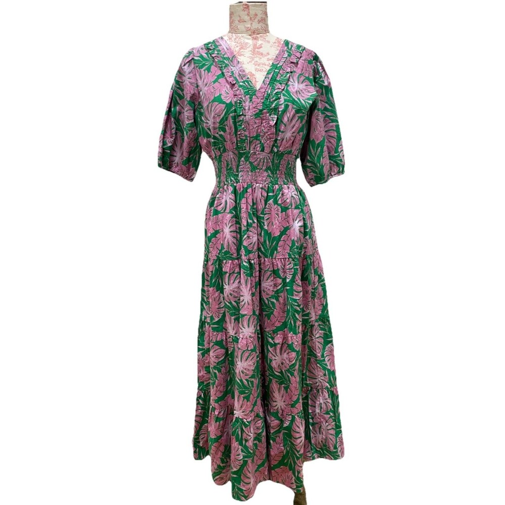 Anthropologie Meadow Rhodes Pink Tropical Tiered Maxi Dress Sz M Smocked Summer